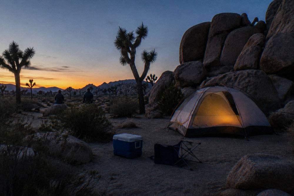 A desert campground with a tent pitched beside boulders and scattered Joshua trees