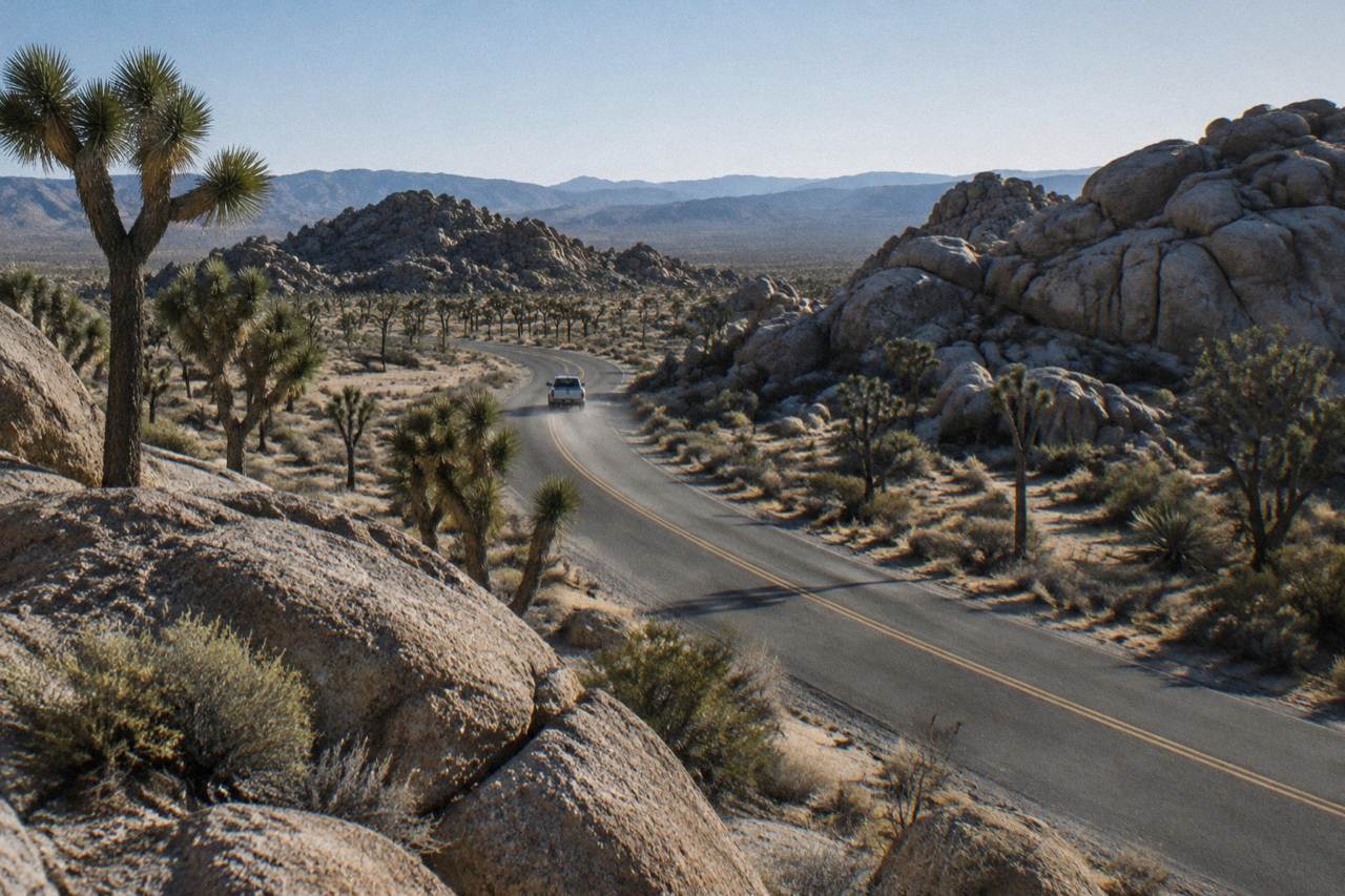 A desert road curving toward rocky hills dotted with Joshua trees under a clear sky