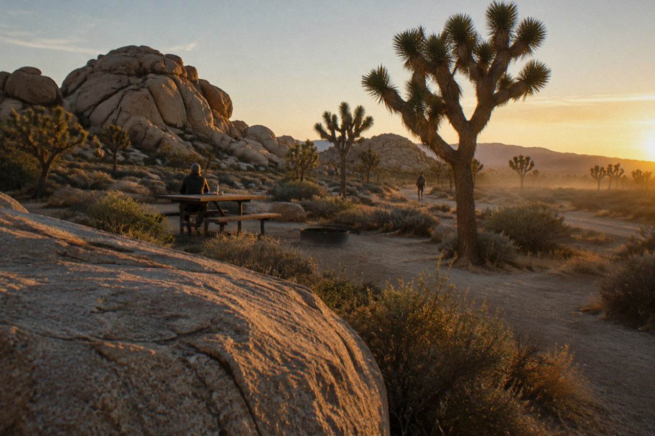 Granite boulders and Joshua trees across an open desert plain at golden hour