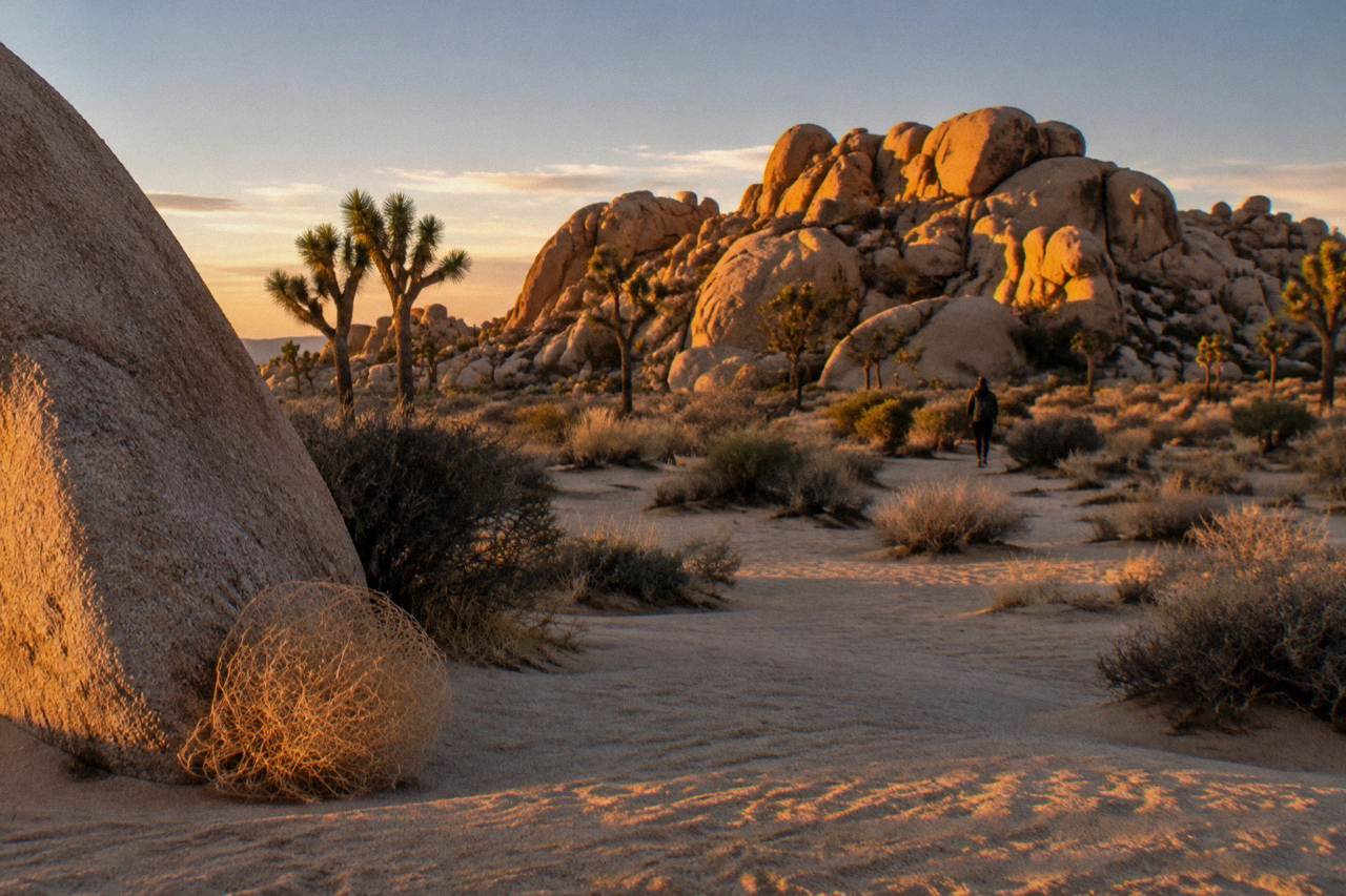 Granite boulder formations and Joshua trees scattered across open desert at golden hour