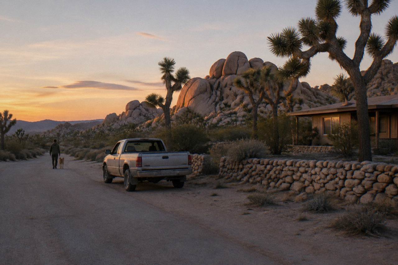 Desert landscape with boulder formations and Joshua trees at dusk near a quiet gateway town road