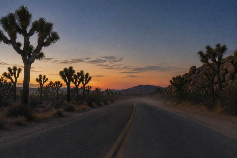 A quiet desert road at dusk with the first stars appearing above the horizon