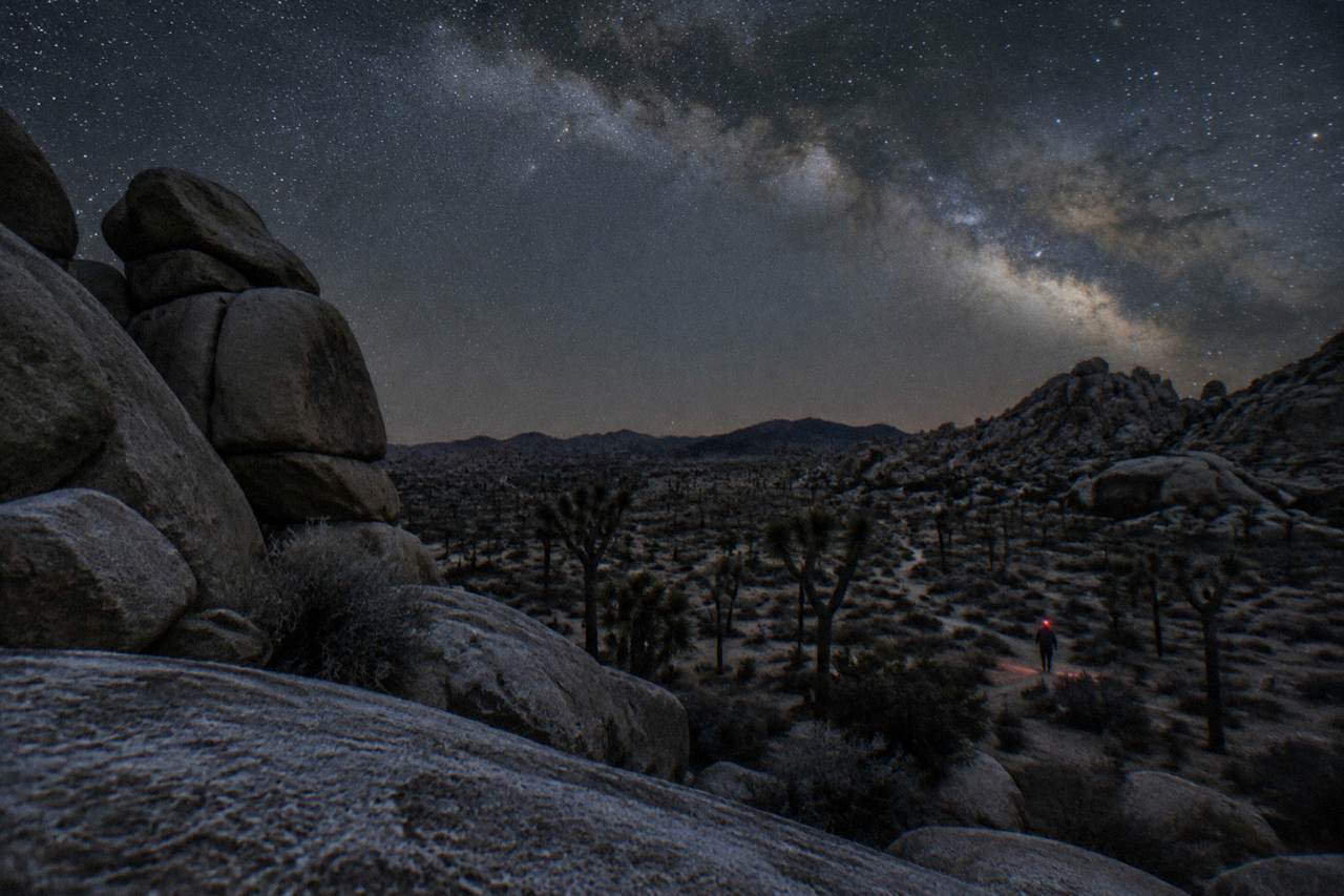 A desert landscape of boulder piles and Joshua trees under a star-filled night sky