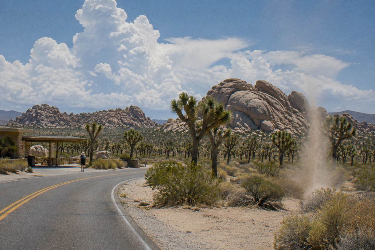 Desert road winding toward rock formations and Joshua trees under a wide sky