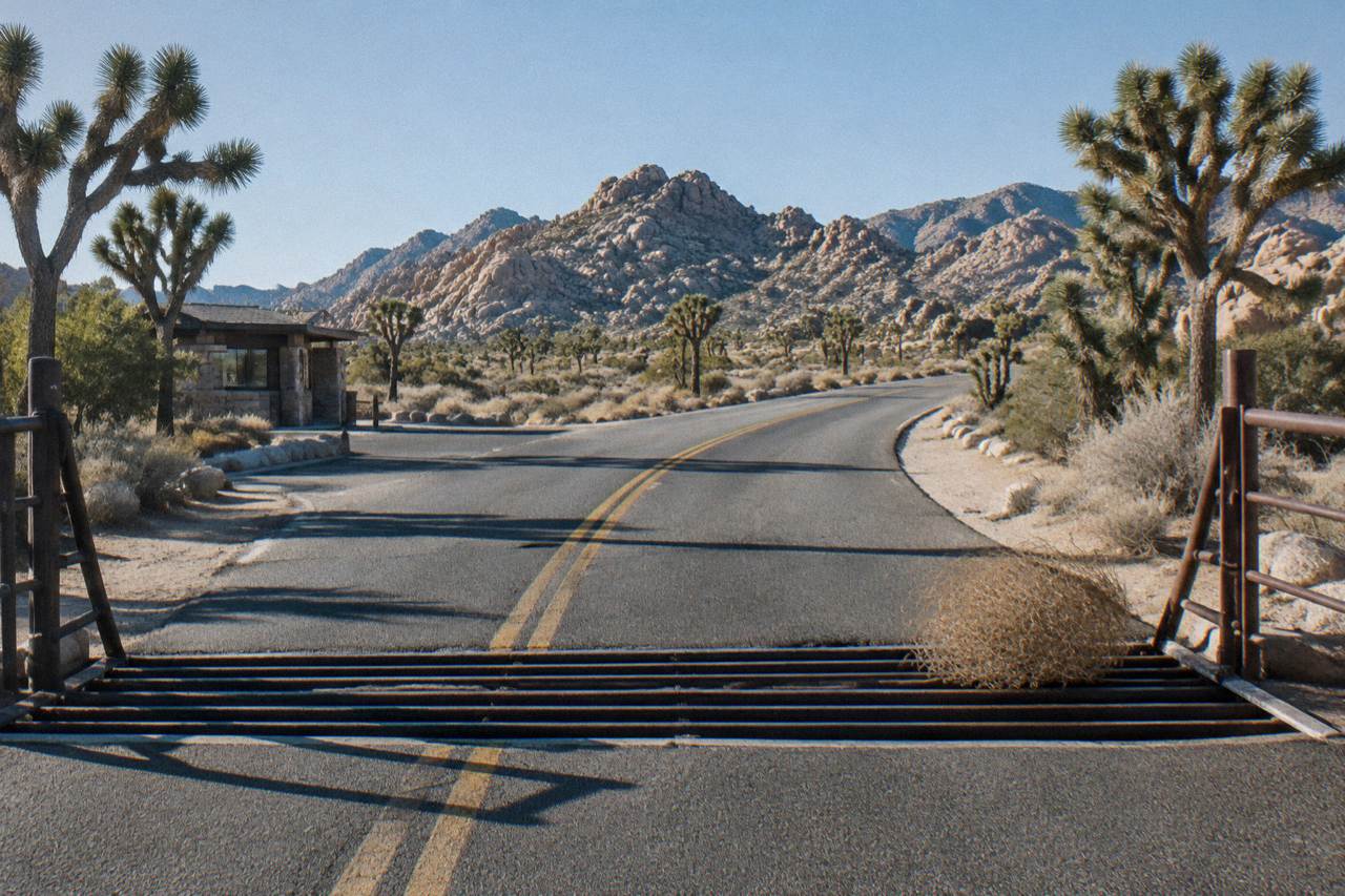 Empty desert road curving toward rocky Joshua Tree hills under a wide sky