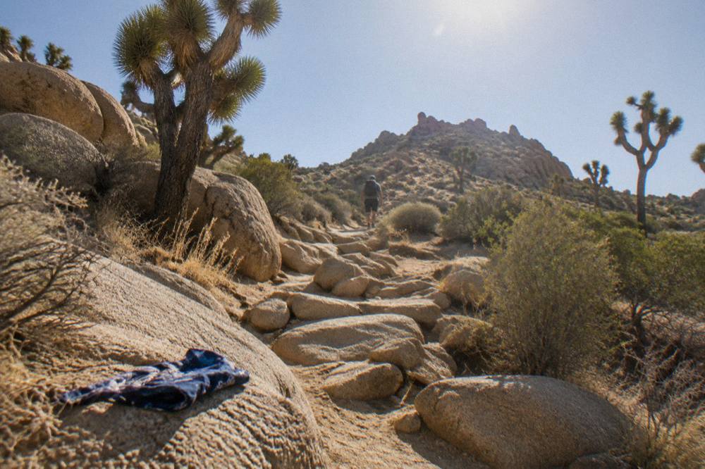 A steep rocky trail climbing toward sunlit granite boulders in the desert