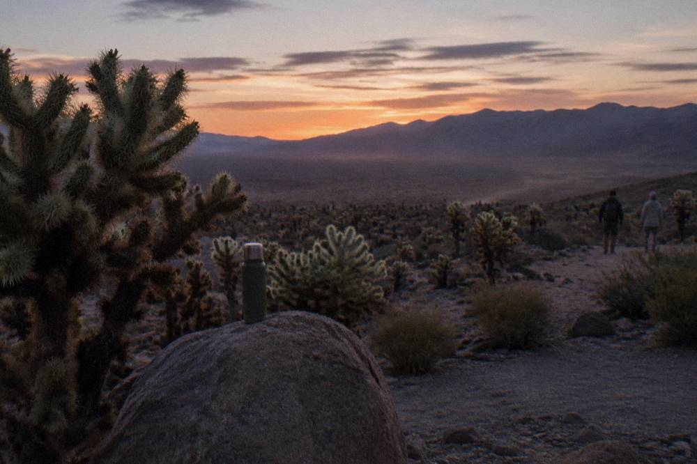 An overlook across a wide desert valley with distant mountains at dusk