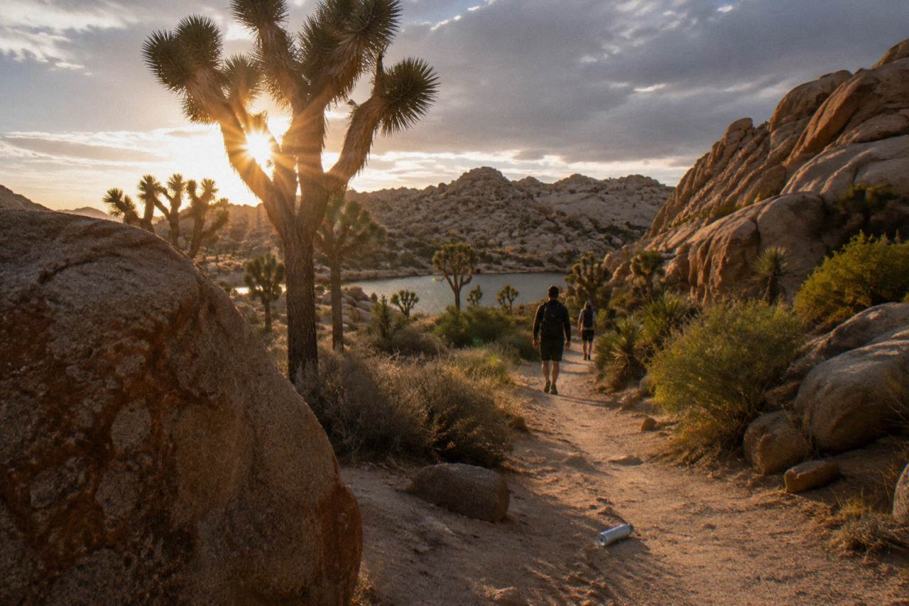 Granite boulders and Joshua trees along a desert trail at golden hour
