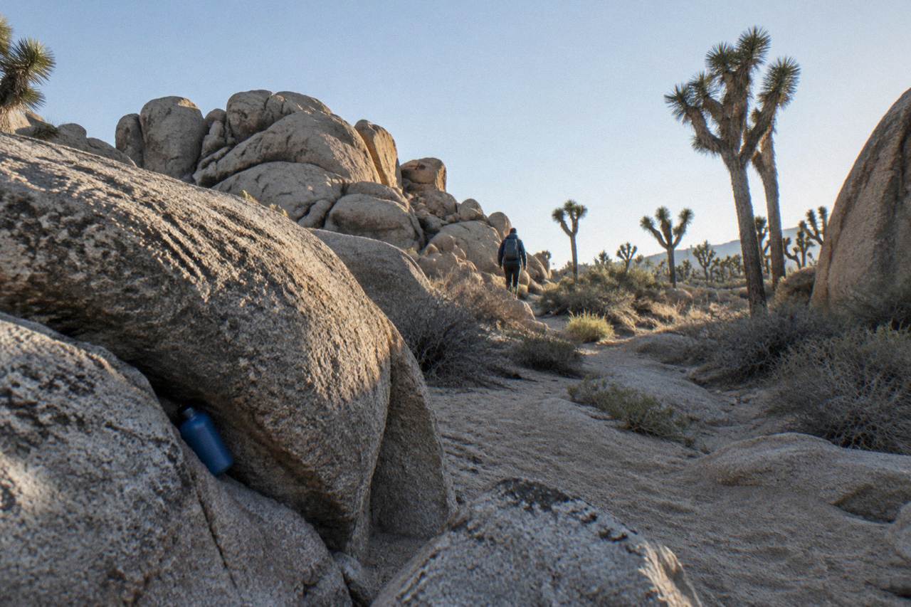 Sunlit boulder field with joshua trees under a clear desert sky