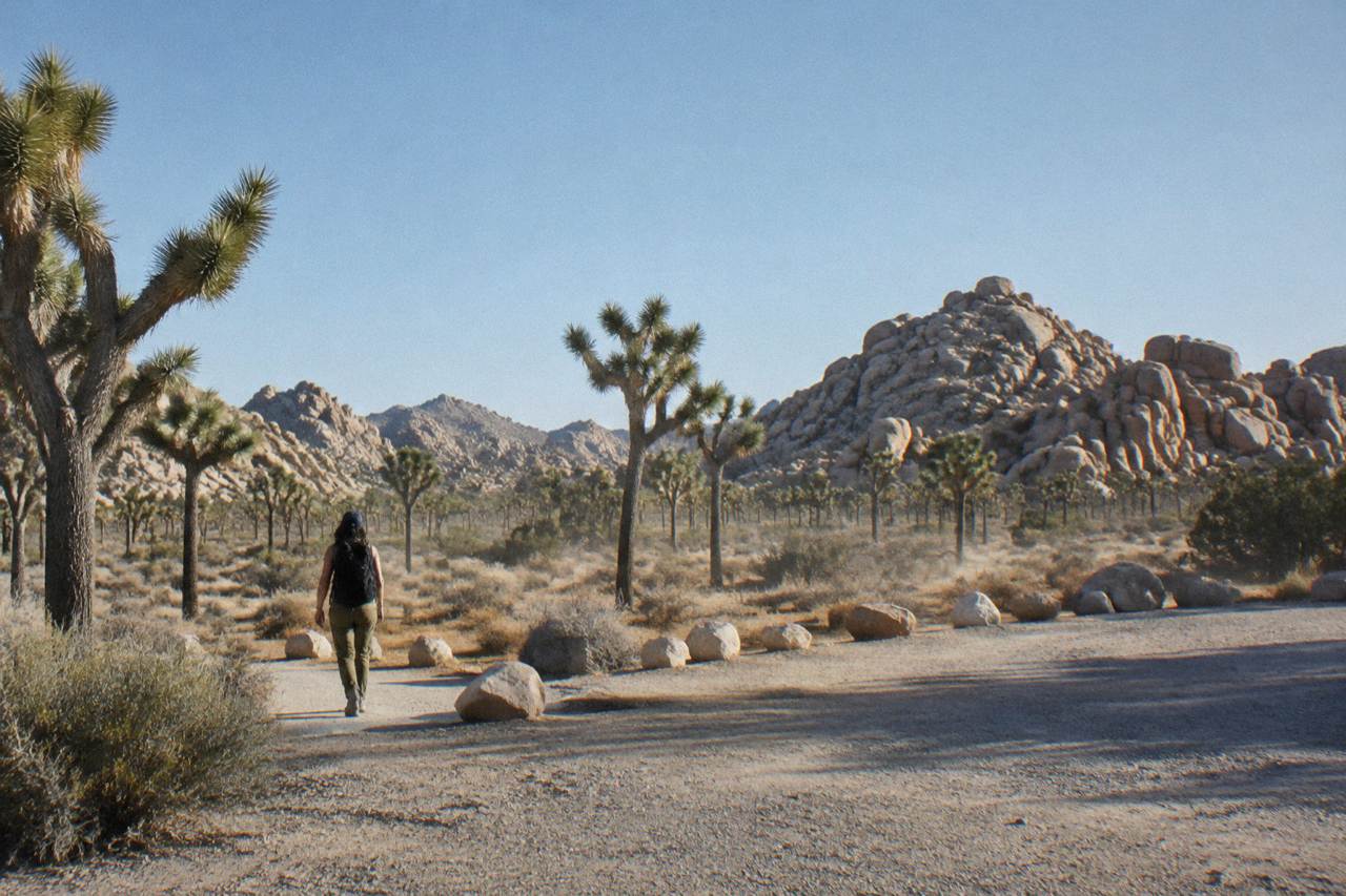 Desert landscape with granite boulders and Joshua trees under a clear morning sky