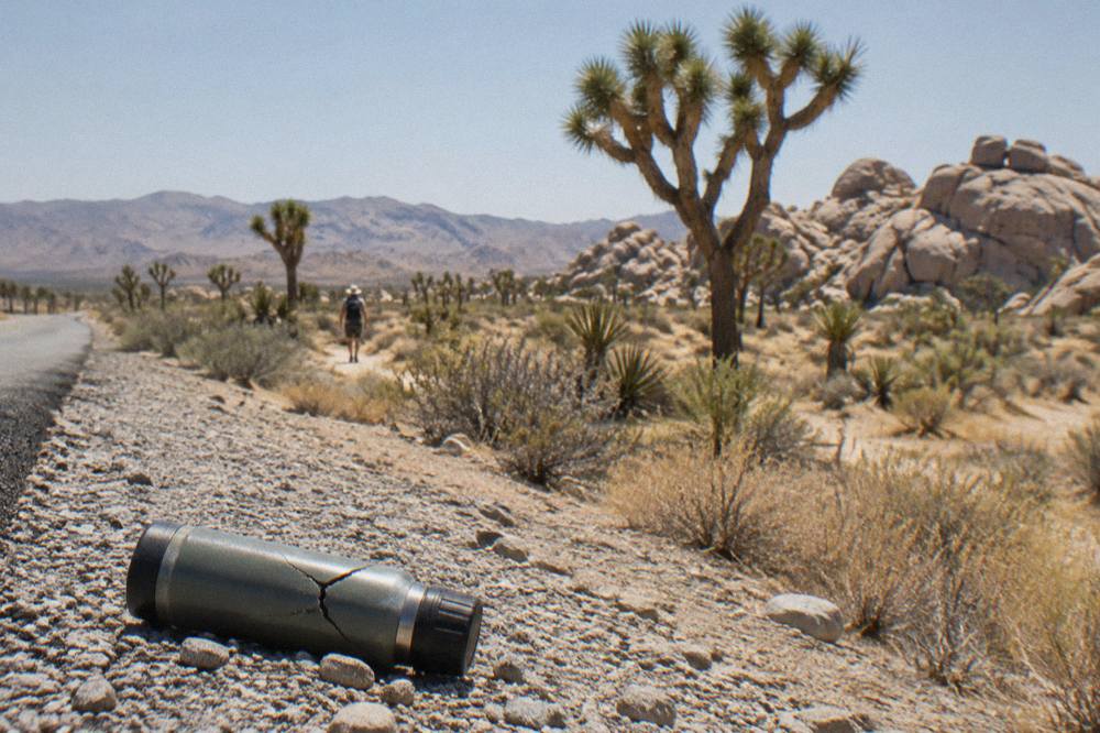 Sun bleached desert plain with heat haze rising off rocks and scattered Joshua trees