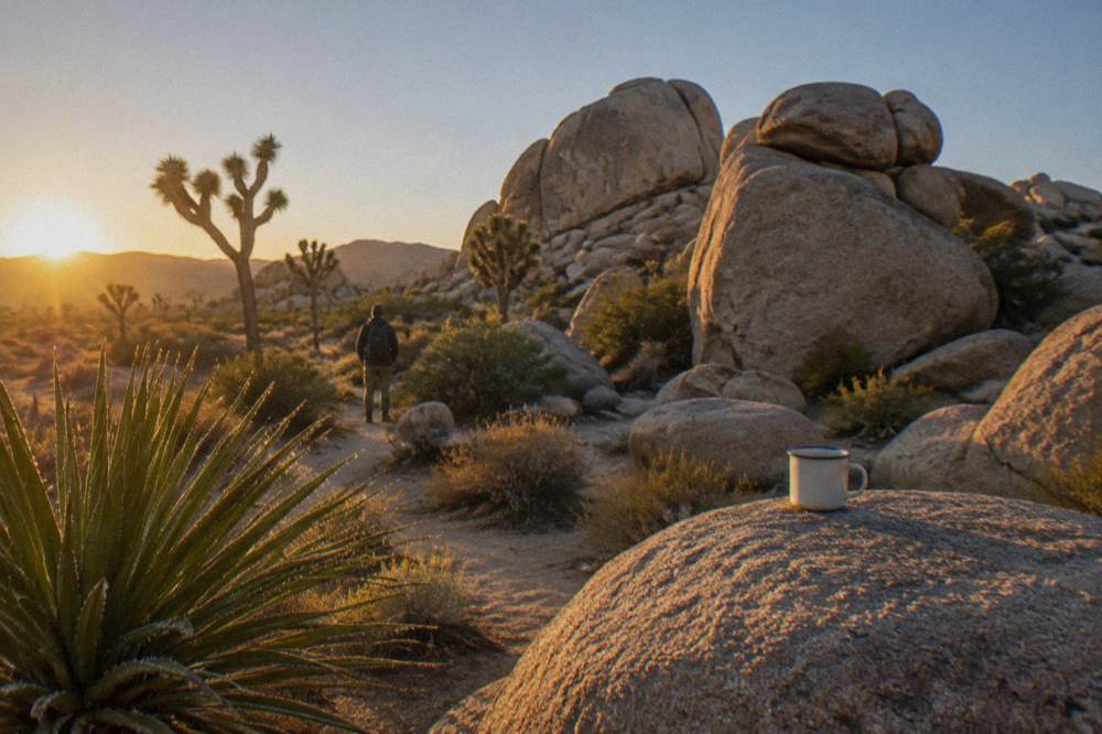 Desert landscape in golden early morning light with long shadows across boulders