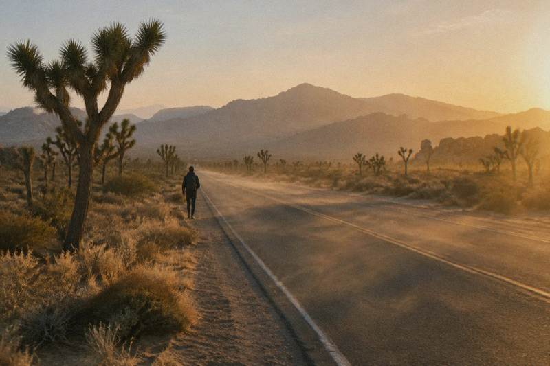 A desert road at golden hour with Joshua trees and a distant mountain range near Joshua Tree