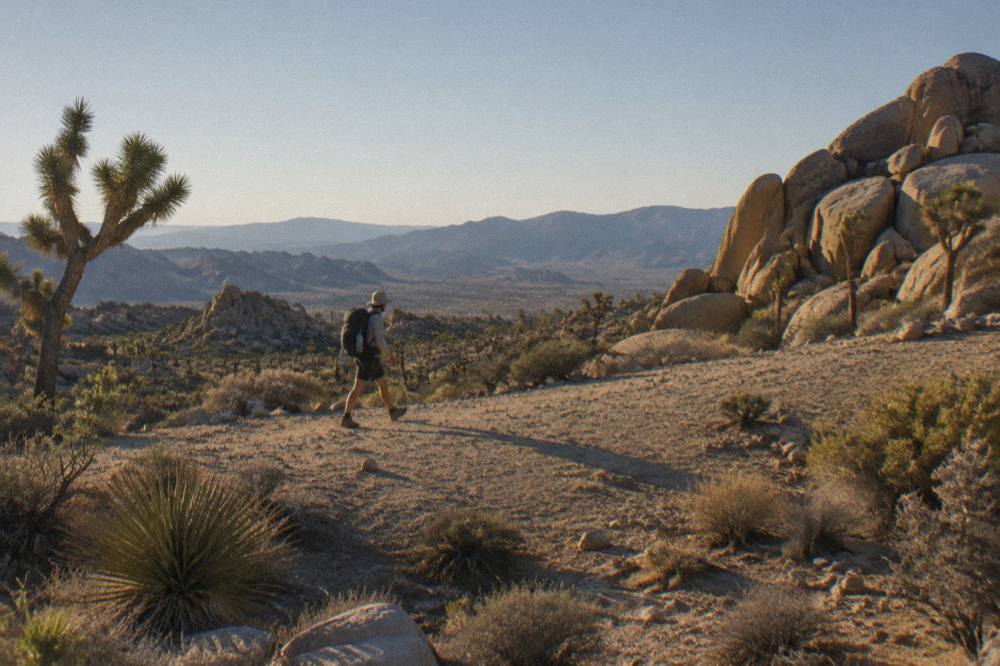 A hiker walking a sandy trail between large granite boulders and Joshua trees