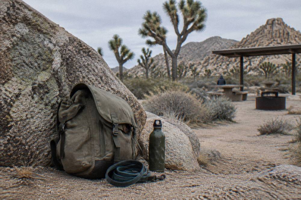 A backpack and water bottle resting on a rock beside a desert trail