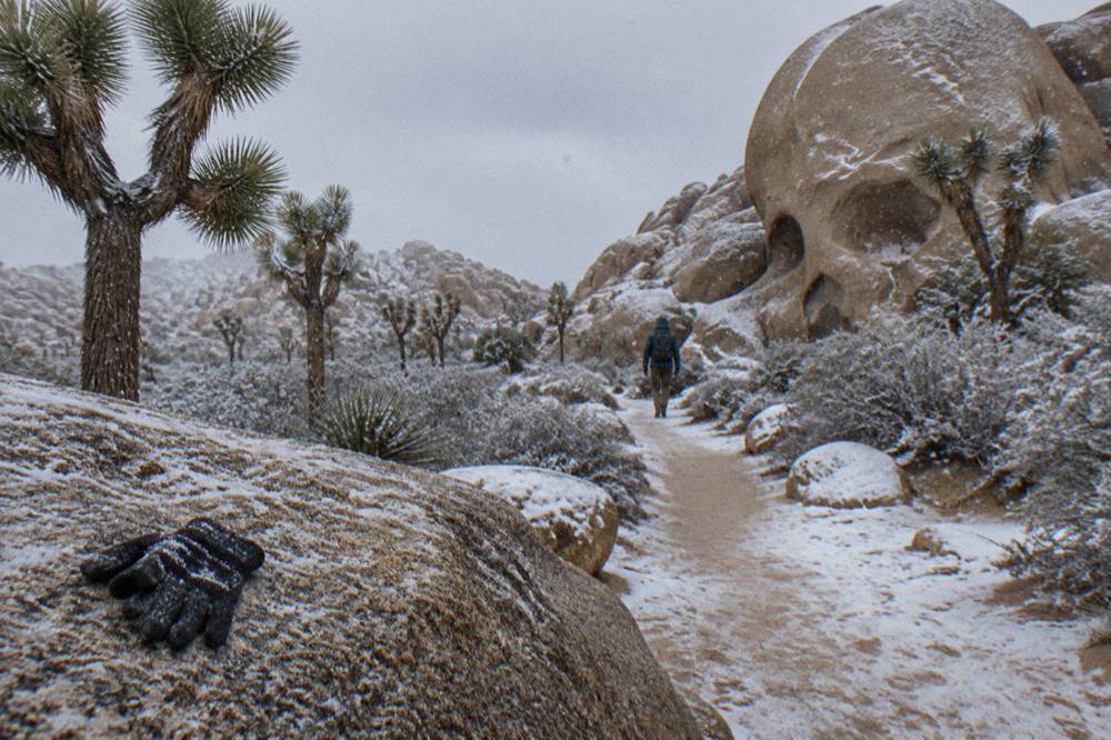 Granite rock formations and joshua trees along a desert trail in mild weather