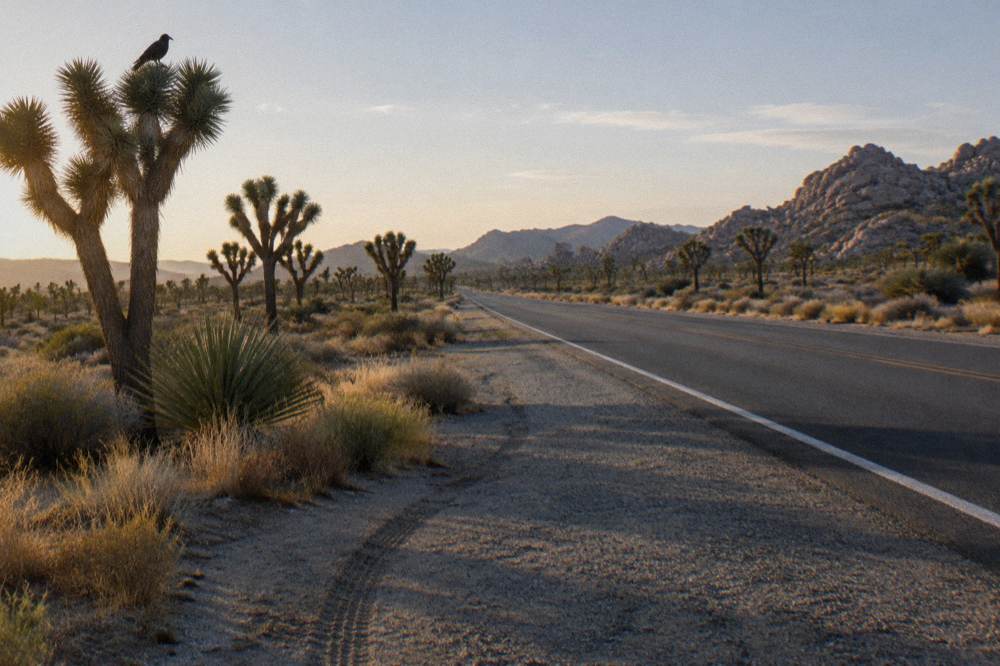 A quiet desert road lined with joshua trees in early morning light