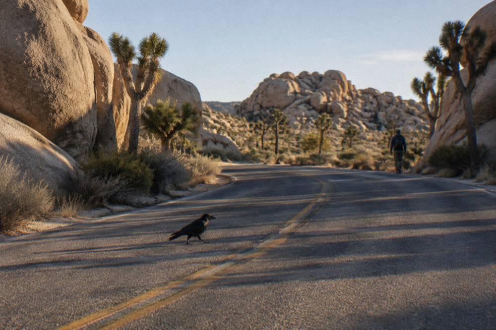 Open park road curving between rock formations in late afternoon light