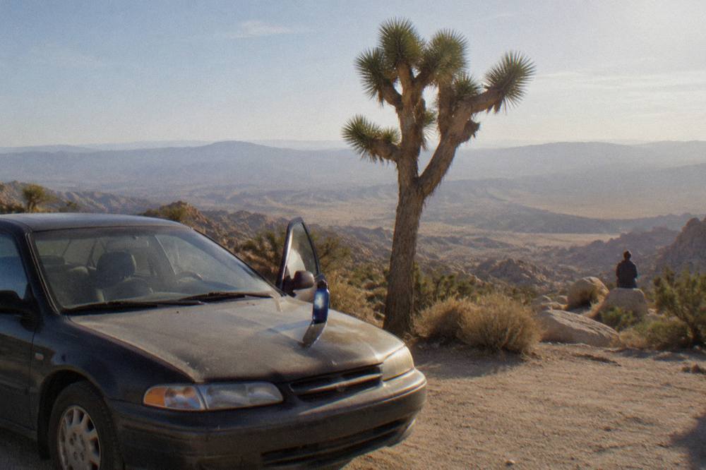 A parked car beside a Joshua tree at a scenic pullout in the desert