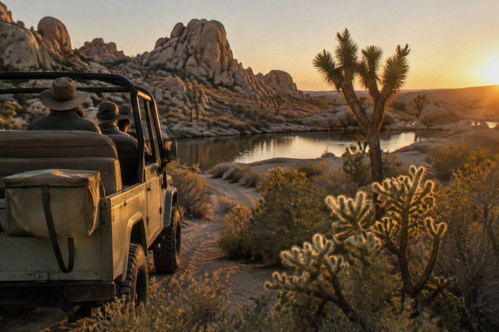 An open-top tour vehicle stopped on a dirt track surrounded by rock formations and desert brush