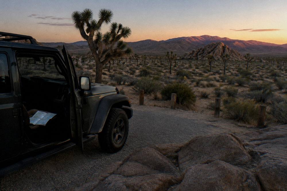 A tour vehicle parked at a scenic overlook with a wide view over a valley of Joshua trees and distant mountains