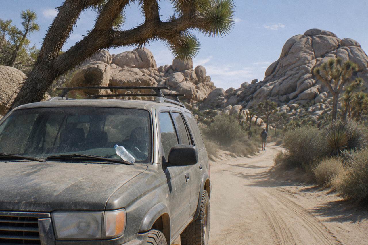 A rugged four wheel drive vehicle parked on a dirt road between boulder piles and Joshua trees under a wide desert sky