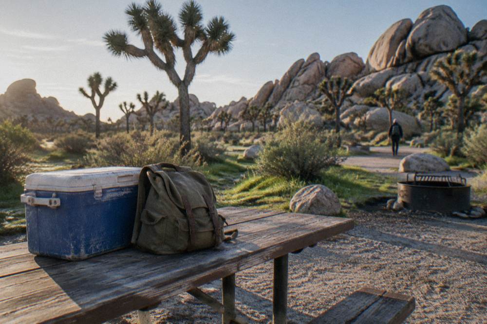 Cooler and daypack resting on a picnic table beside a parked car