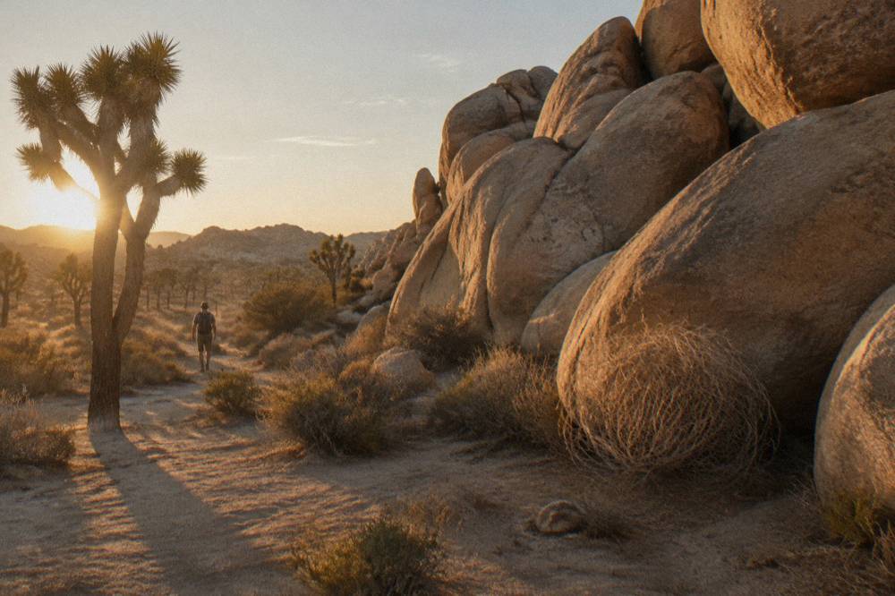 Golden late afternoon light on boulder fields and scattered Joshua trees