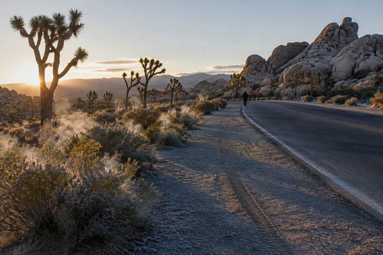 Empty desert road winding toward rock formations and Joshua trees under a wide sky