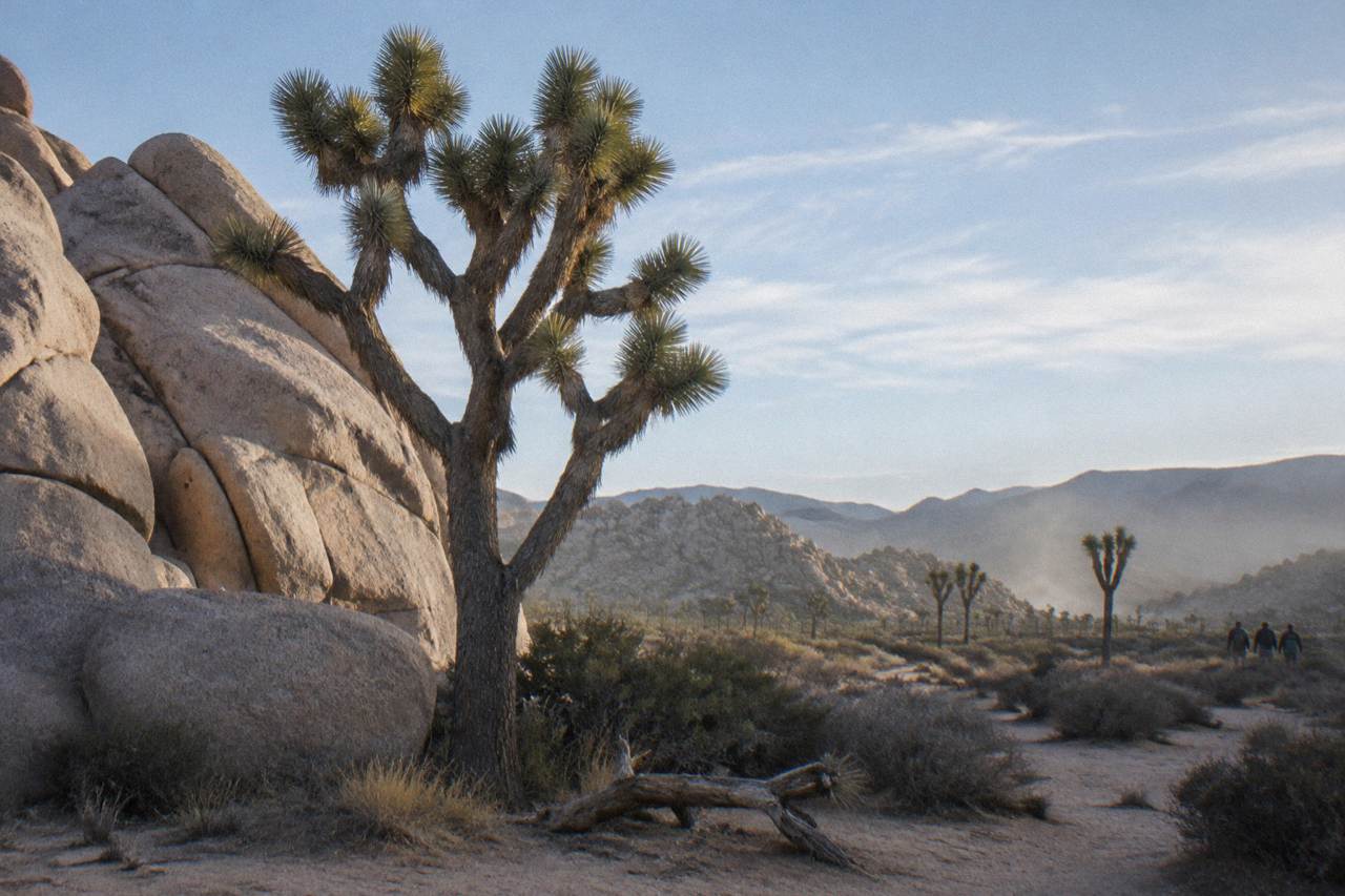 Desert landscape with Joshua trees and boulder formations under a wide sky
