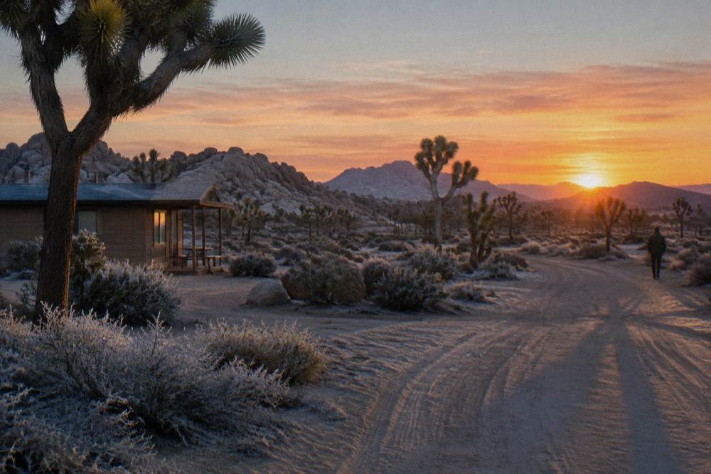 Sunrise light over a desert valley with scattered Joshua trees