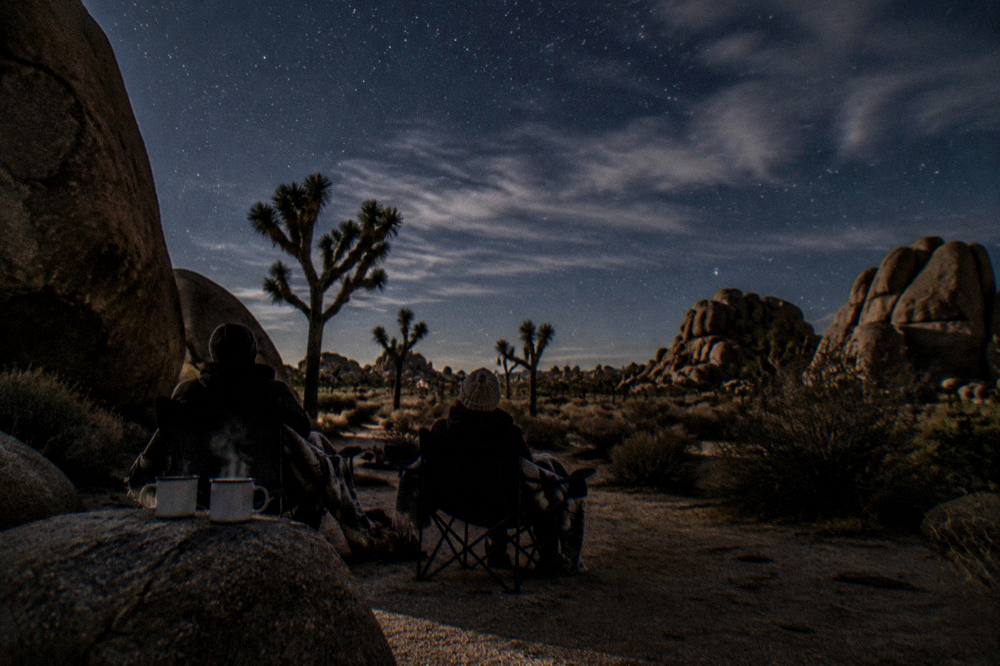 People reclining on lounge chairs looking up at a dense field of stars