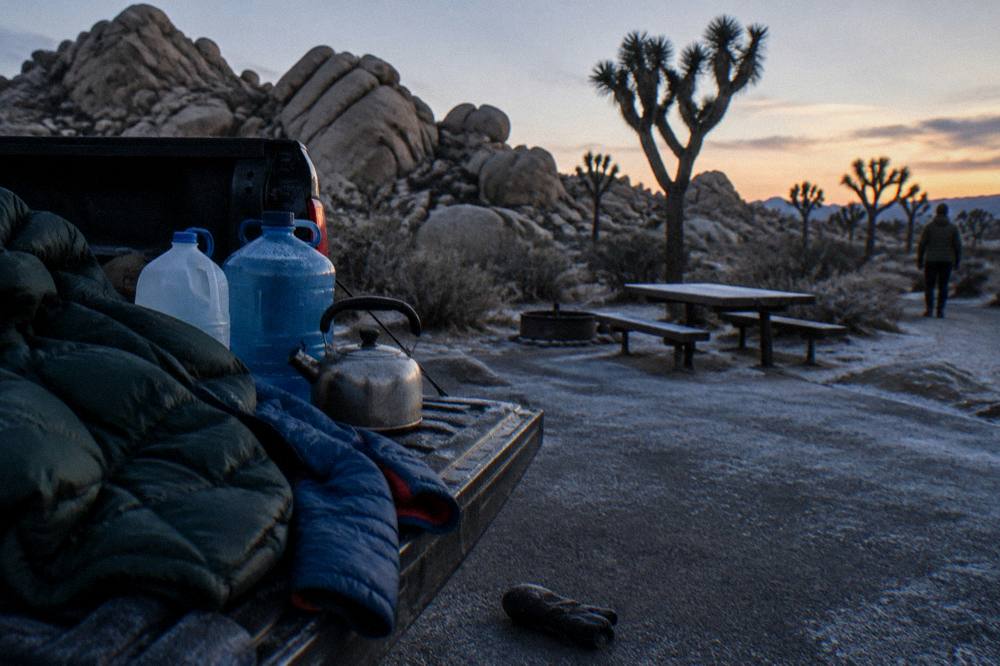 Open vehicle trunk with packs, water bottles and jackets laid out at a desert campsite