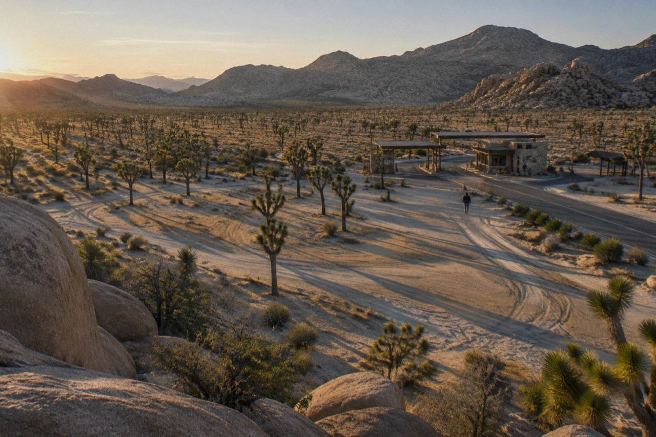 Desert plain with Joshua trees and rock formations under a wide sky at first light