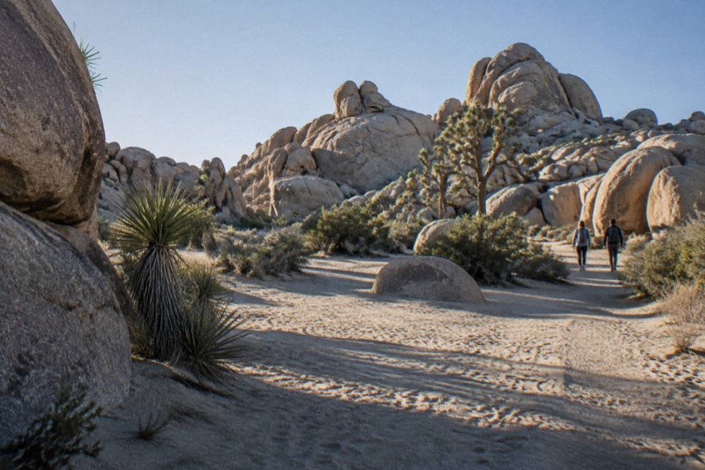 Granite boulders stacked across a desert valley floor with sparse trees between them