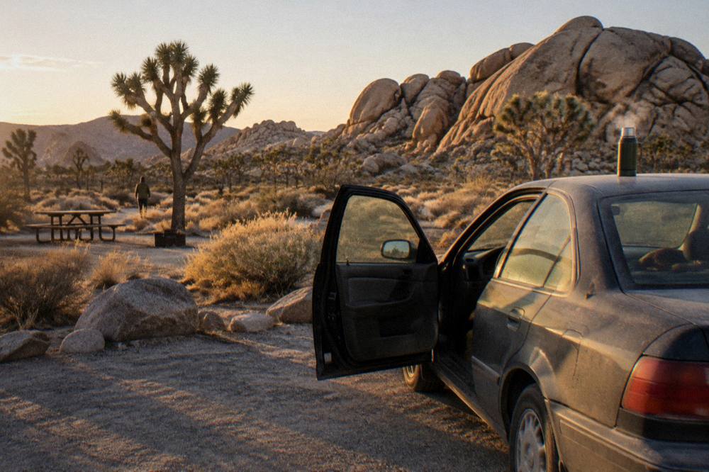A parked car beside a desert viewpoint with rock formations in the distance