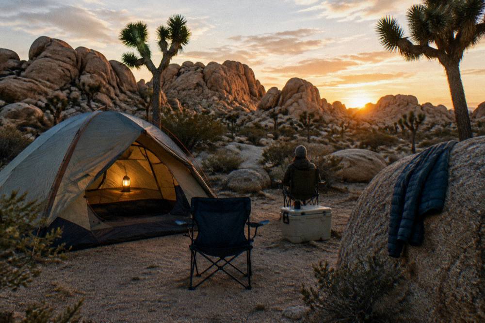 A tent pitched among granite boulders under a fading desert sunset